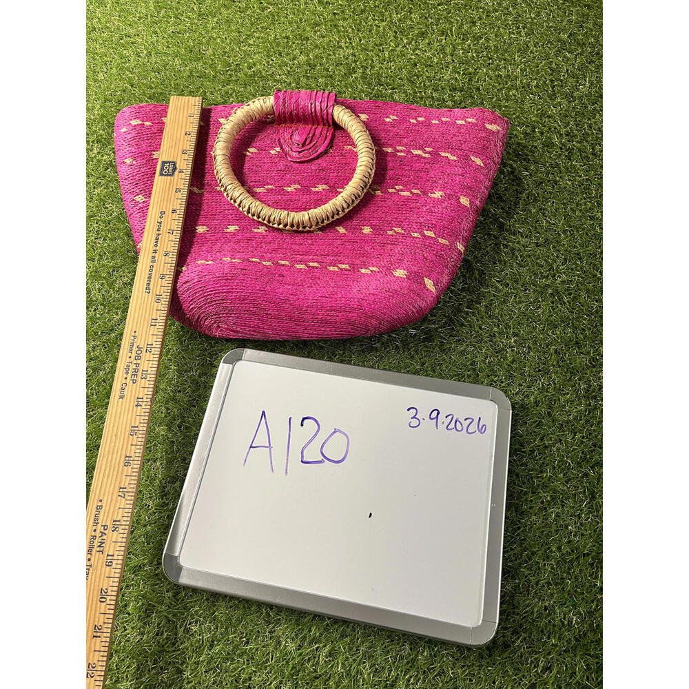 Pink Straw Handbag with Circular Handles Beach Coastal Summer Spring